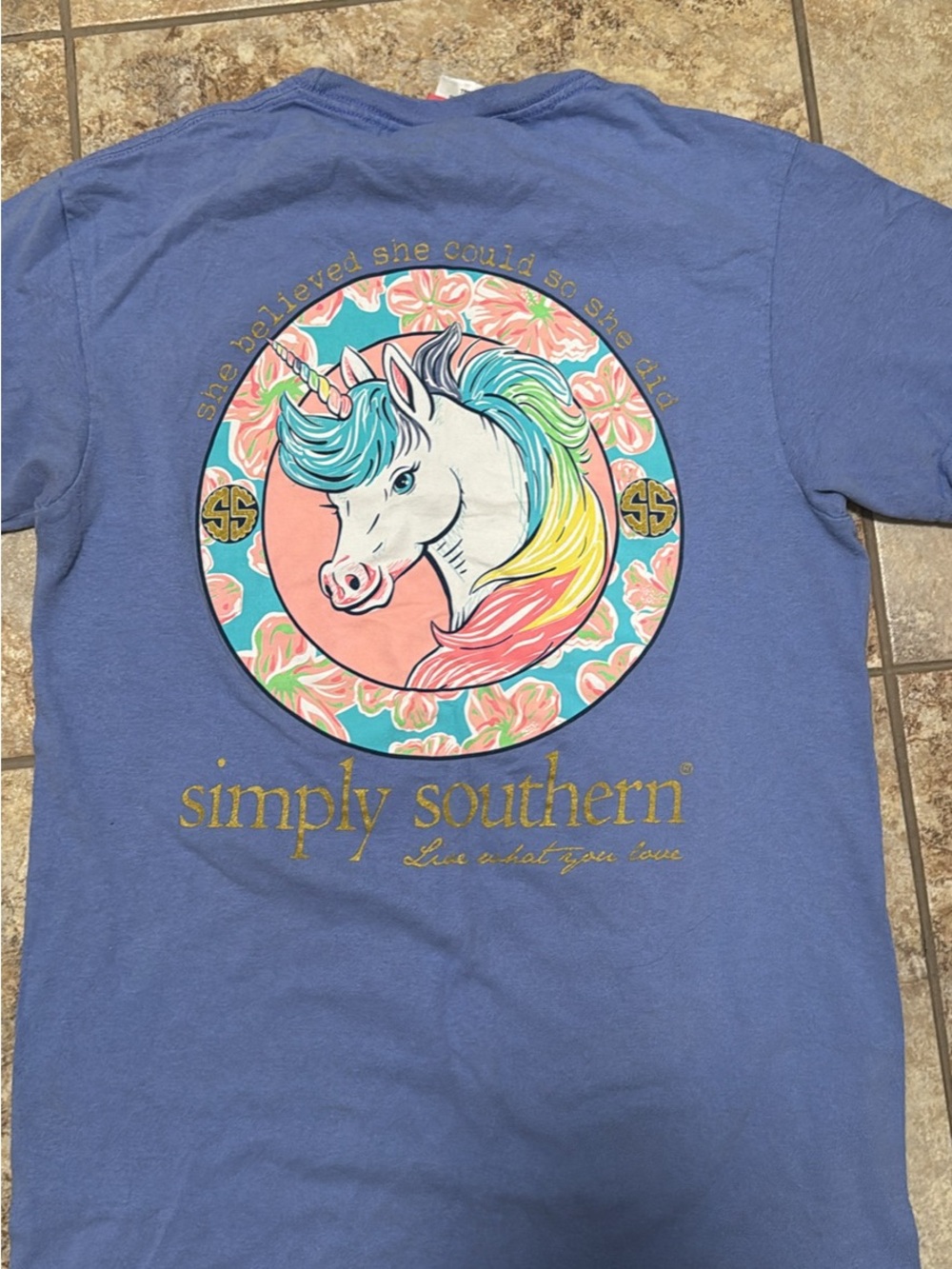 Simply Southern Blue Tee with Rainbow Unicorn Graphic